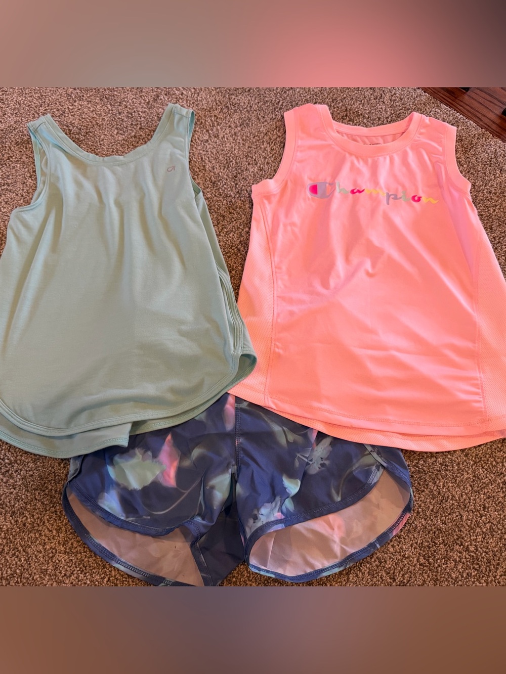 Champion Girls Neon Pink & Mint Tank Tops with Blue Floral Shorts